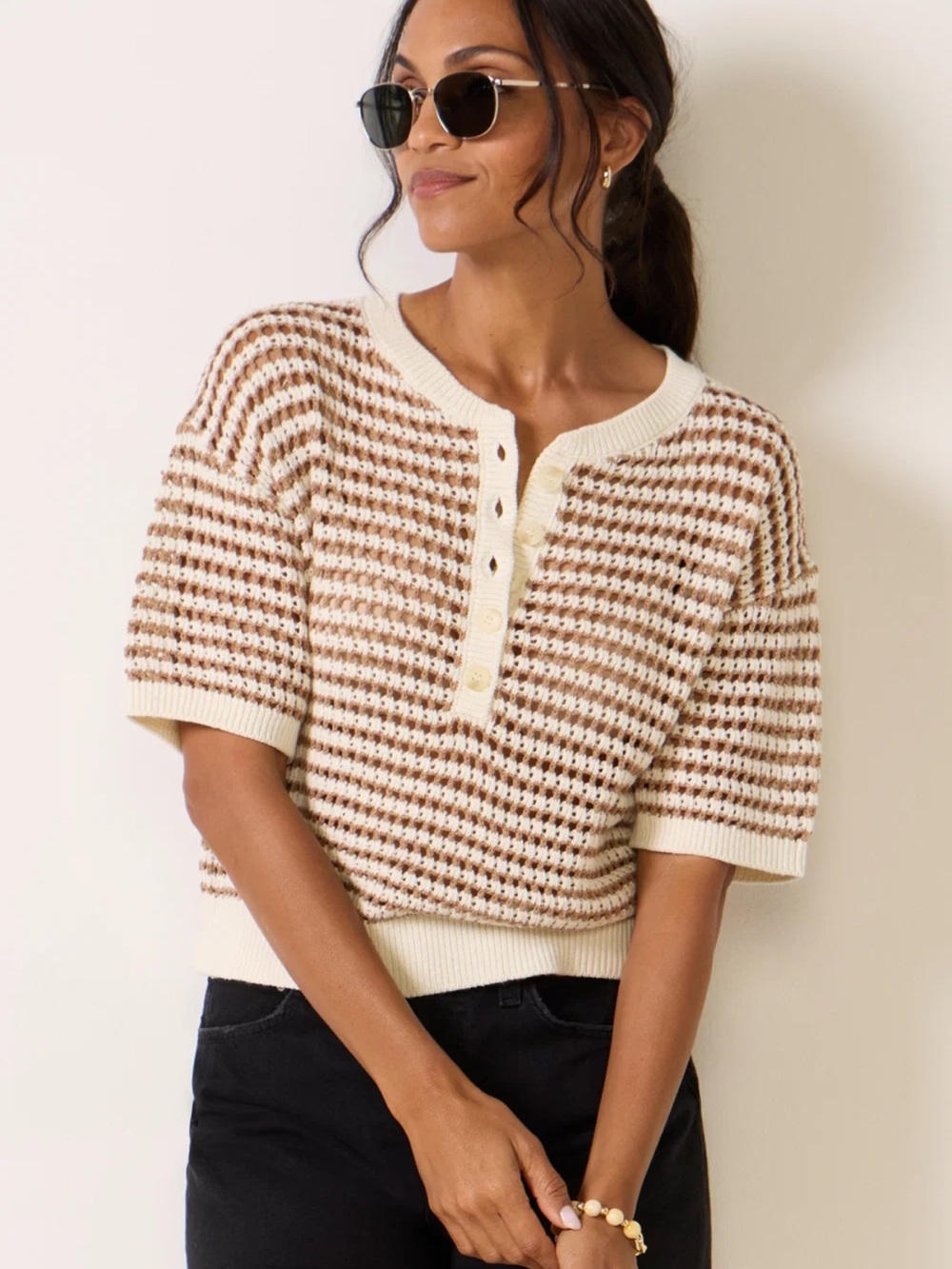 NWT Z Supply Kylo Striped Polo Sweater Top Taro Brown Crochet Knit Henley Size M